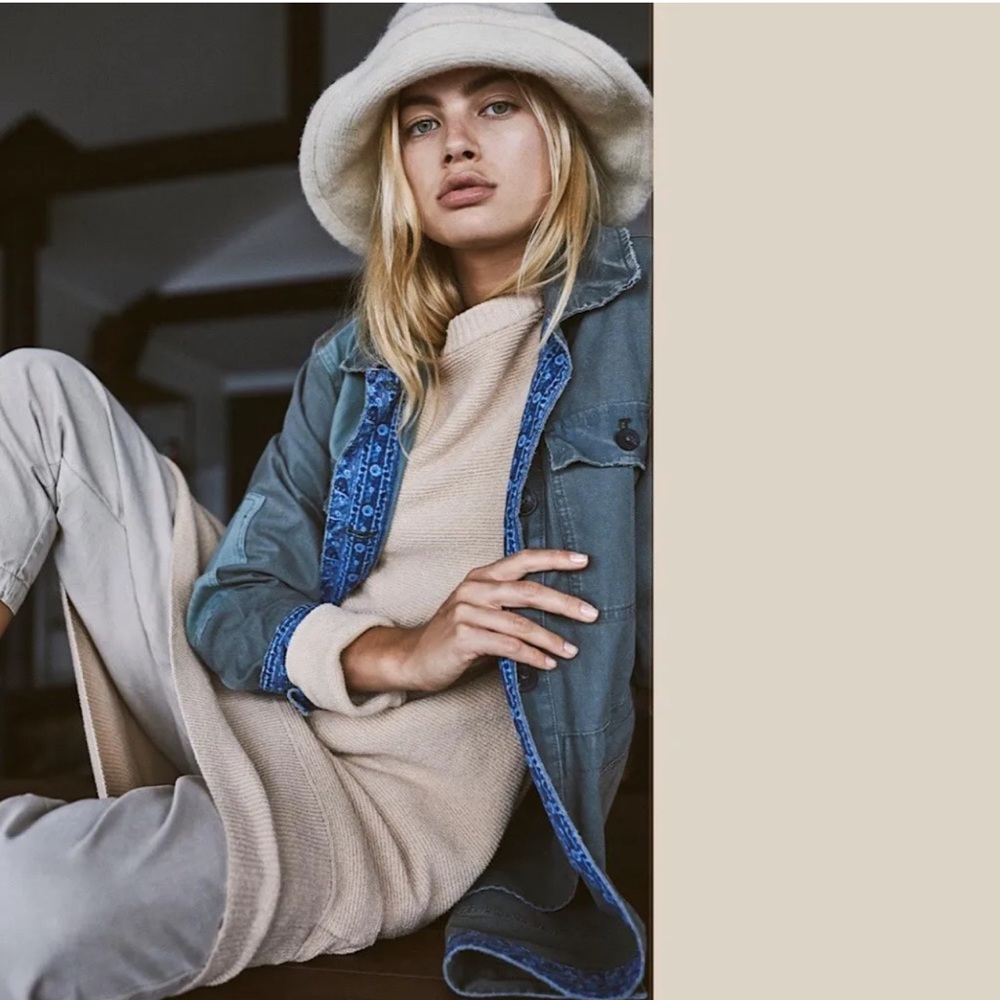 Olive Green Utility Jacket with Contrast Denim Trim